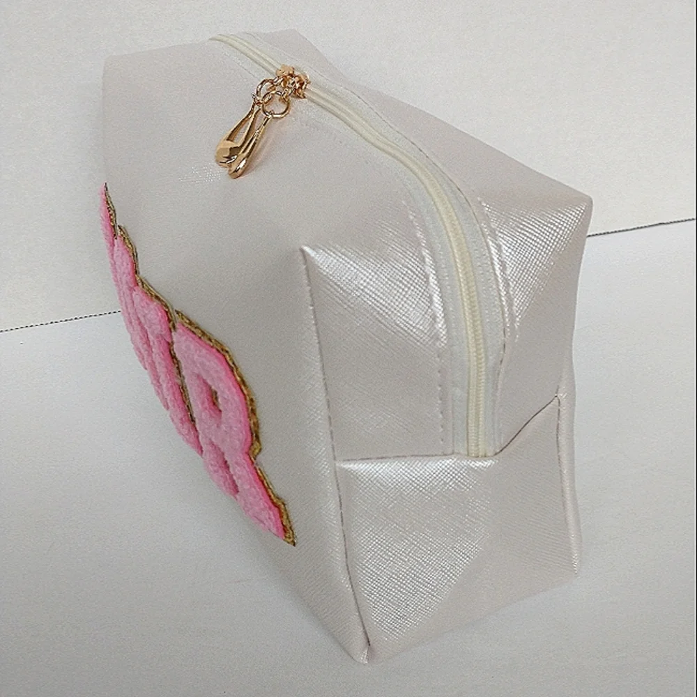 New Chenille Varsity Lettered Makeup / Hair Products Bag - Pearl White/Pink